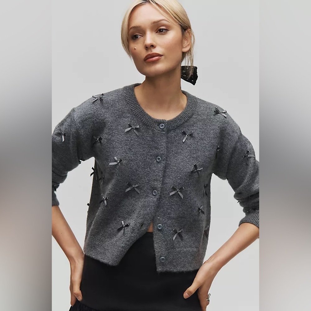 Anthropologie Maeve 3D Mini Bow Cardigan Sweater Grey Large
